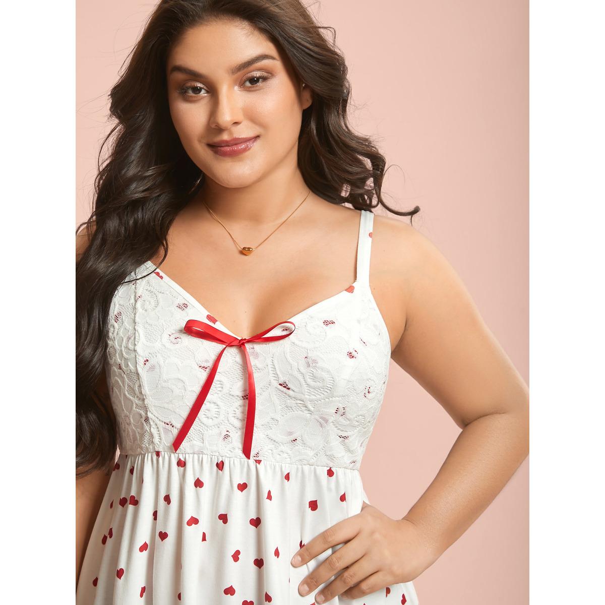 Plus Size Bow Lace Heart Print Lounge Dress Women Originalwhite Leisure Woven ribbon&lace trim V-neck Loungewear BloomChic 12/L Product Image