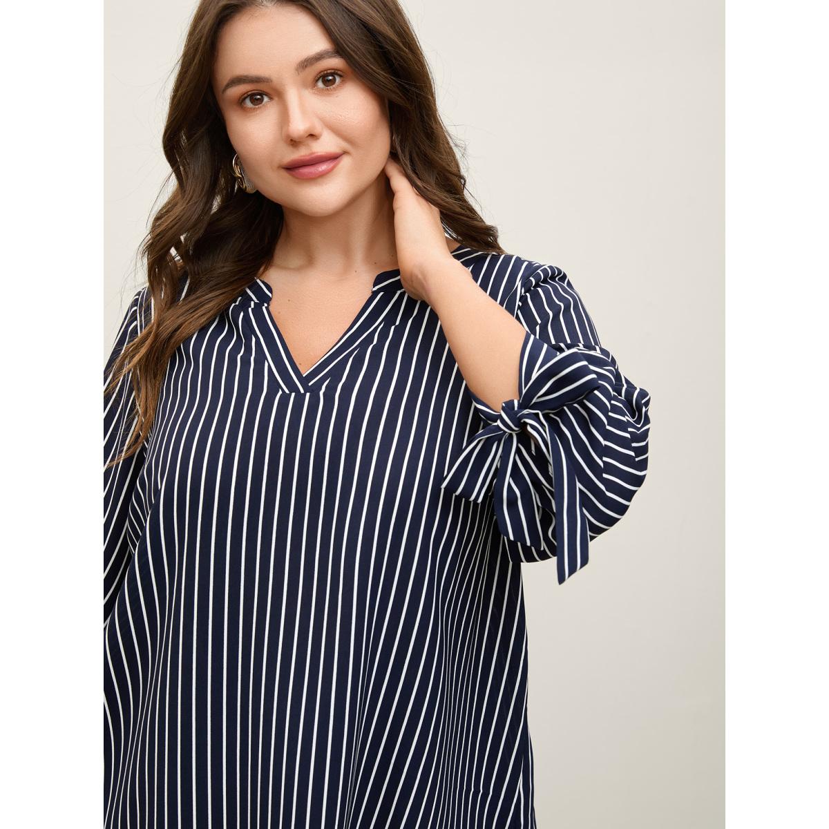 Plus Size DarkBlue Striped Notched Collar Sleeve Tie Blouse Women Three Quater Length Sleeve Flat collar with V-notch Work Blouses BloomChic 12/L Product Image