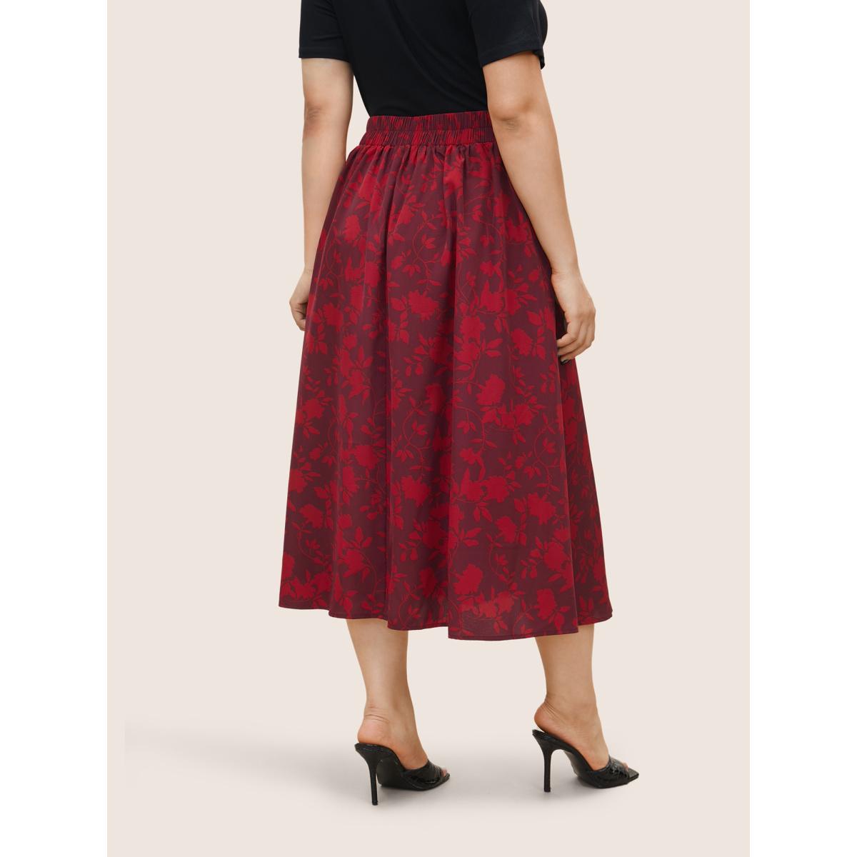 Plus Size Silhouette Floral Print Elastic Waist Pocket Cropped Skirt Women Burgundy Elegant Non No stretch Slanted pocket Everyday Skirts BloomChic 26/4X Product Image