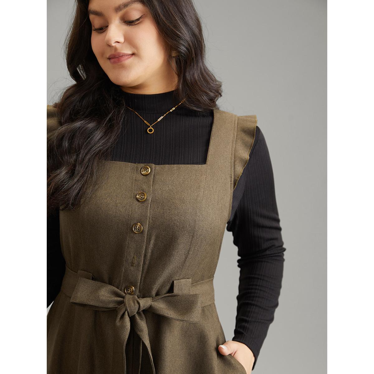 Plus Size Solid Belted Ruffle Trim Button Through Sleeveless Dress ArmyGreen Women Office Plain Square Neck Sleeveless Curvy Midi Dress BloomChic 12/L Product Image