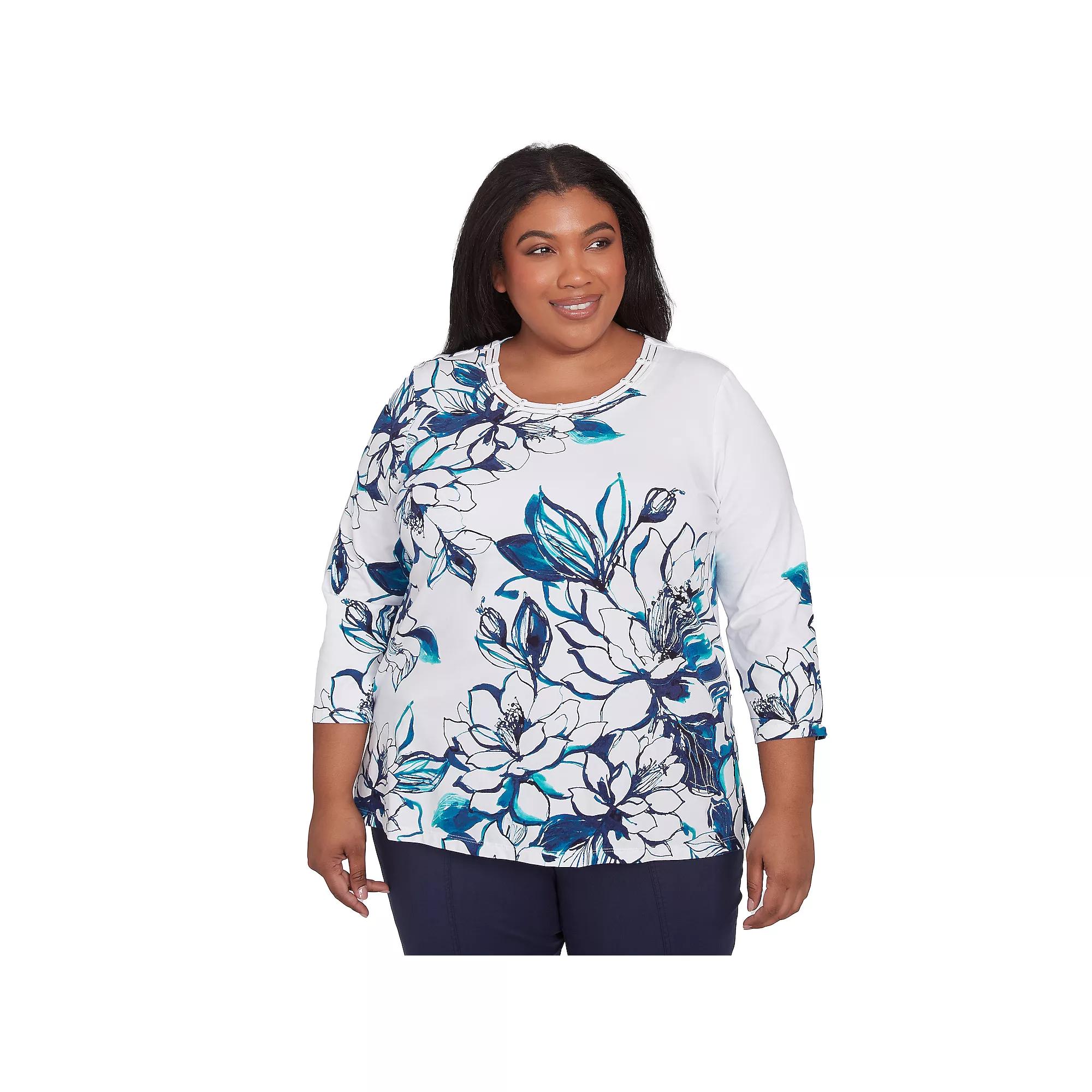 Plus Size Alfred Dunner Fineline Floral Three Quarter Sleeve Top, Women's, Size: 1XL, Marine Team Product Image