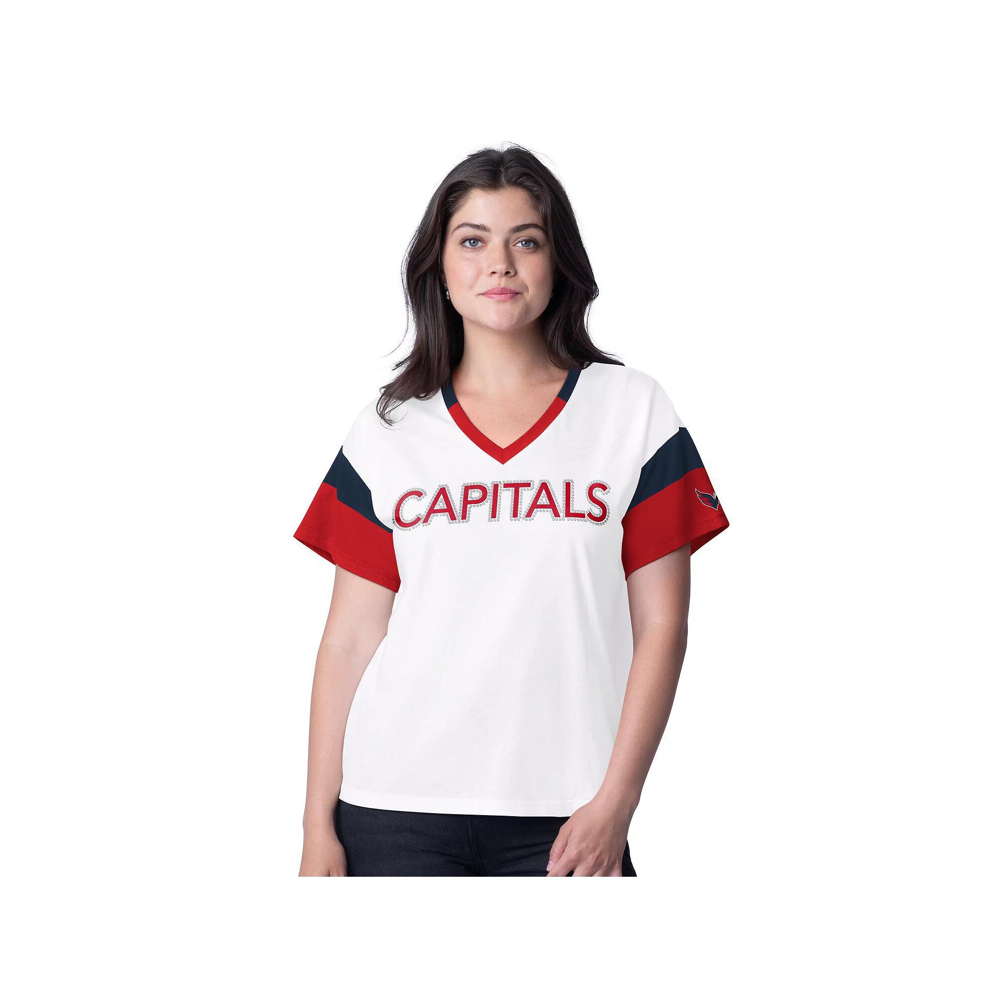 Women's G-III 4Her by Carl Banks  White Washington Capitals Rink Oversized Rhinestone V-Neck T-Shirt, Size: Medium Product Image