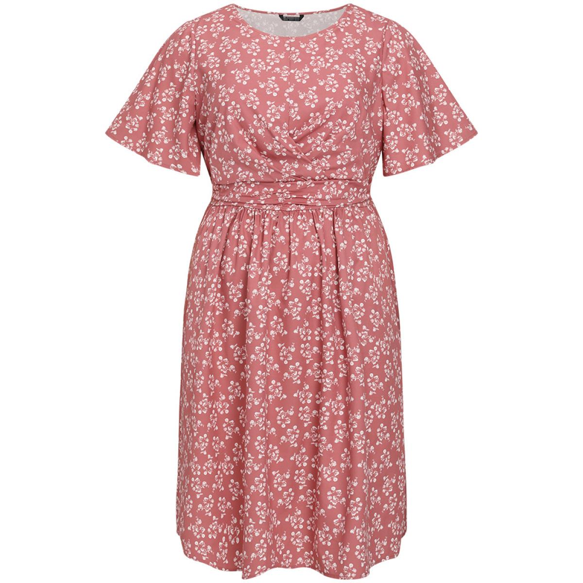 Plus Size Ditsy Floral Pocket Crossover Elastic Waist Dress DustyPink Women Elegant Printed Round Neck Short sleeve Curvy Midi Dress BloomChic 10/M Product Image