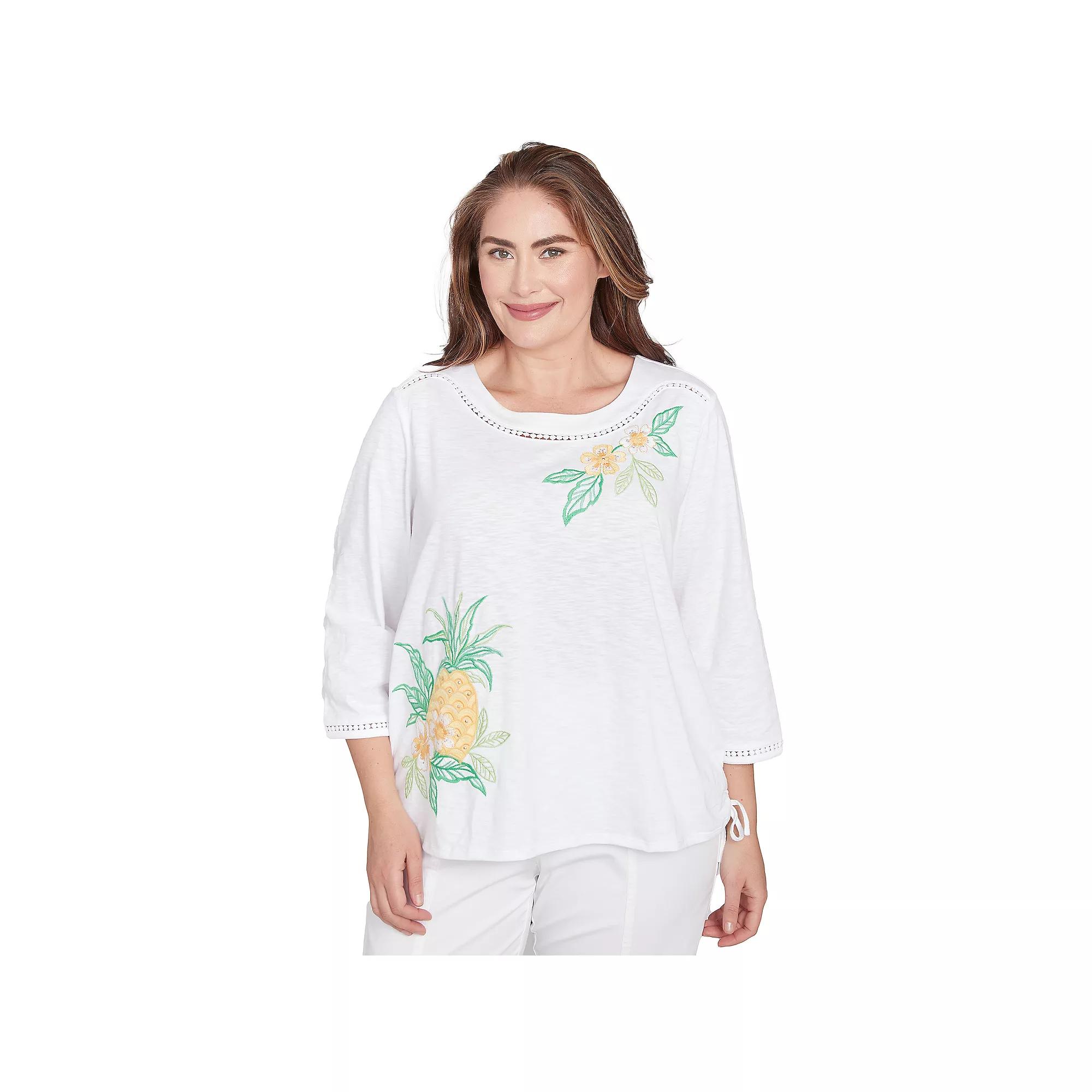 Plus Size Alfred Dunner Embroidered Pineapple Top, Women's, Size: 3XL, White Team Product Image