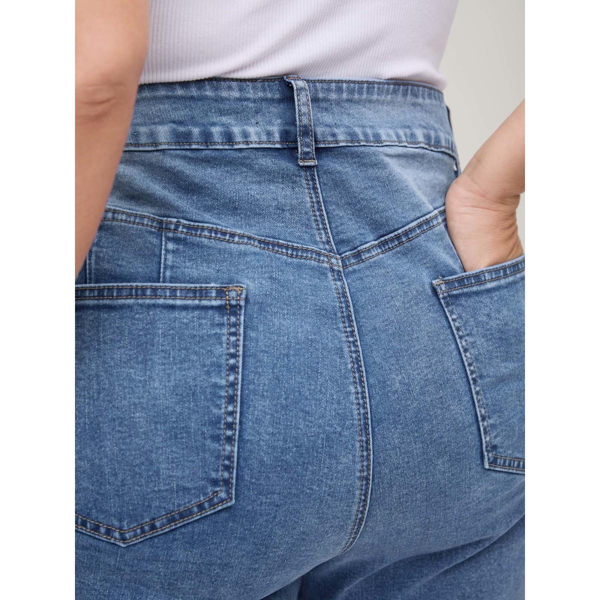 Plus Size Stretchy Ripped Flared Hem Jeans Women Midblue Medium stretch Slanted pocket Jeans BloomChic 22/3X Product Image