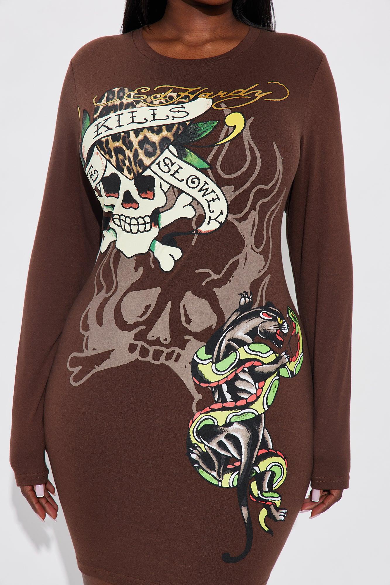 Ed Hardy Love Kills Slowly Skull Long Sleeve Mini Dress - Chocolate Female Product Image