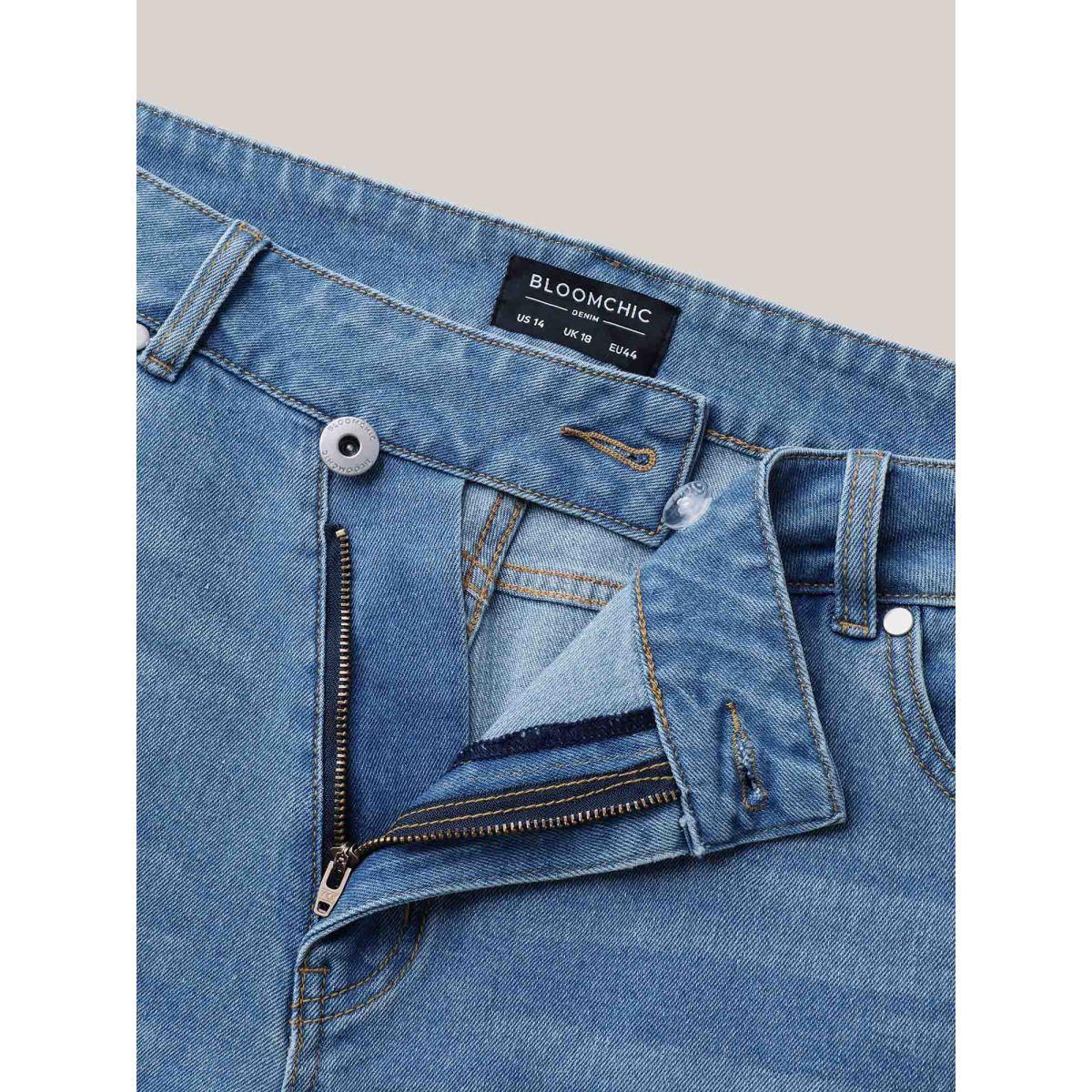 Plus Size Overlap Whiskered Wash Straight Denim Shorts Women Denimblue No stretch Everyday Slanted pocket Casual Denim Shorts BloomChic 18/2X Product Image