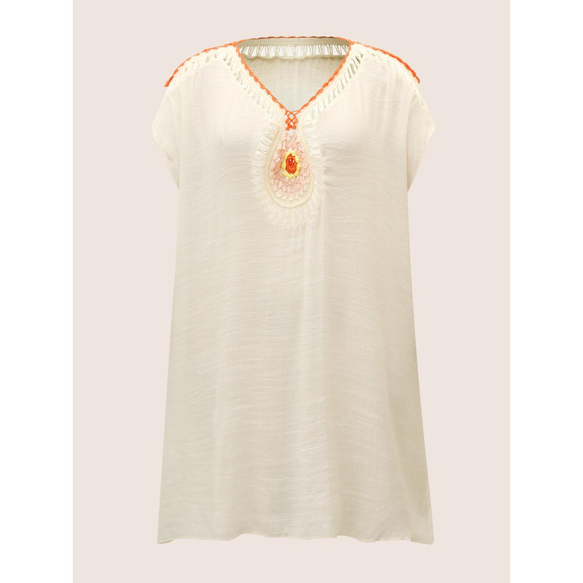 Plus Size Contrast Crochet Cut Out Slit Hem Swim Cover Up Women's Swimwear Ivory Beach Loose Crochet Curve Swim Cover Ups BloomChic 26/4X Product Image