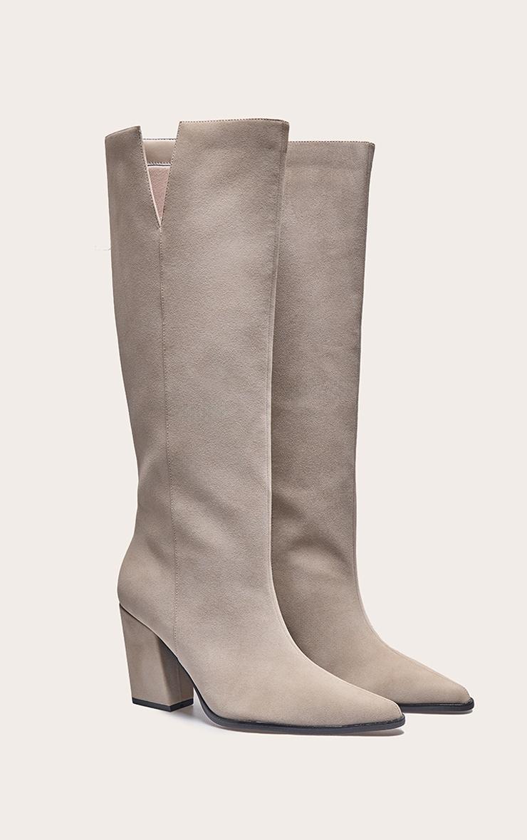 Cream Faux Suede Point Toe Block Heeled Knee High Boot Product Image