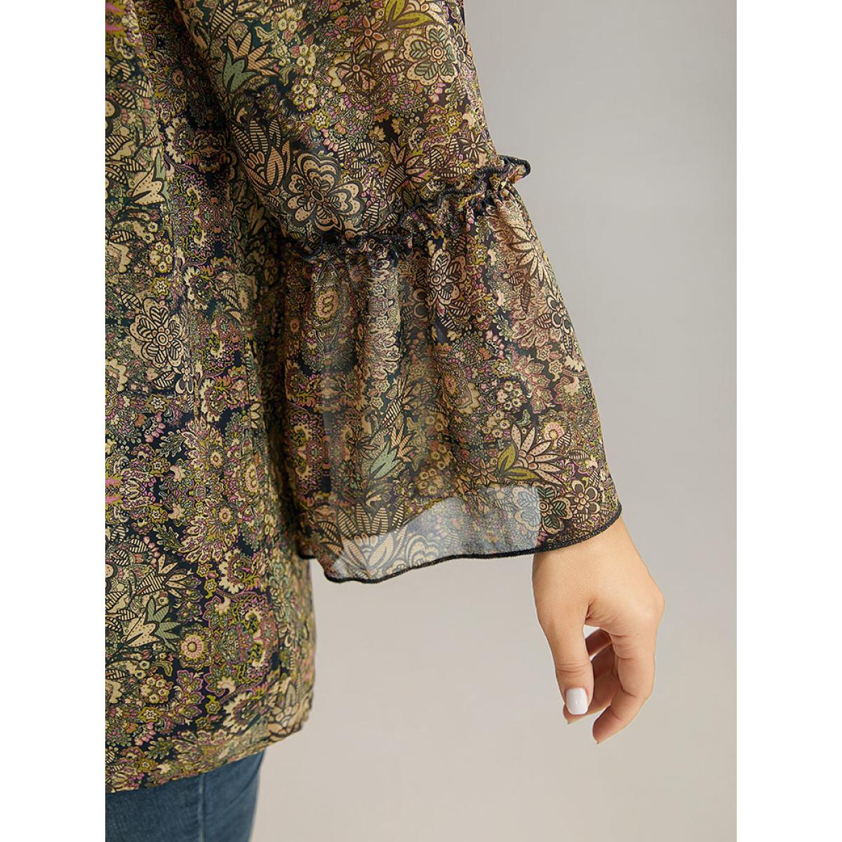 Plus Size Bronze Bandana Print Mesh Frill Trim Blouse Women Elegant Long Sleeve Round Neck Vacation Blouses BloomChic 30/6X Product Image