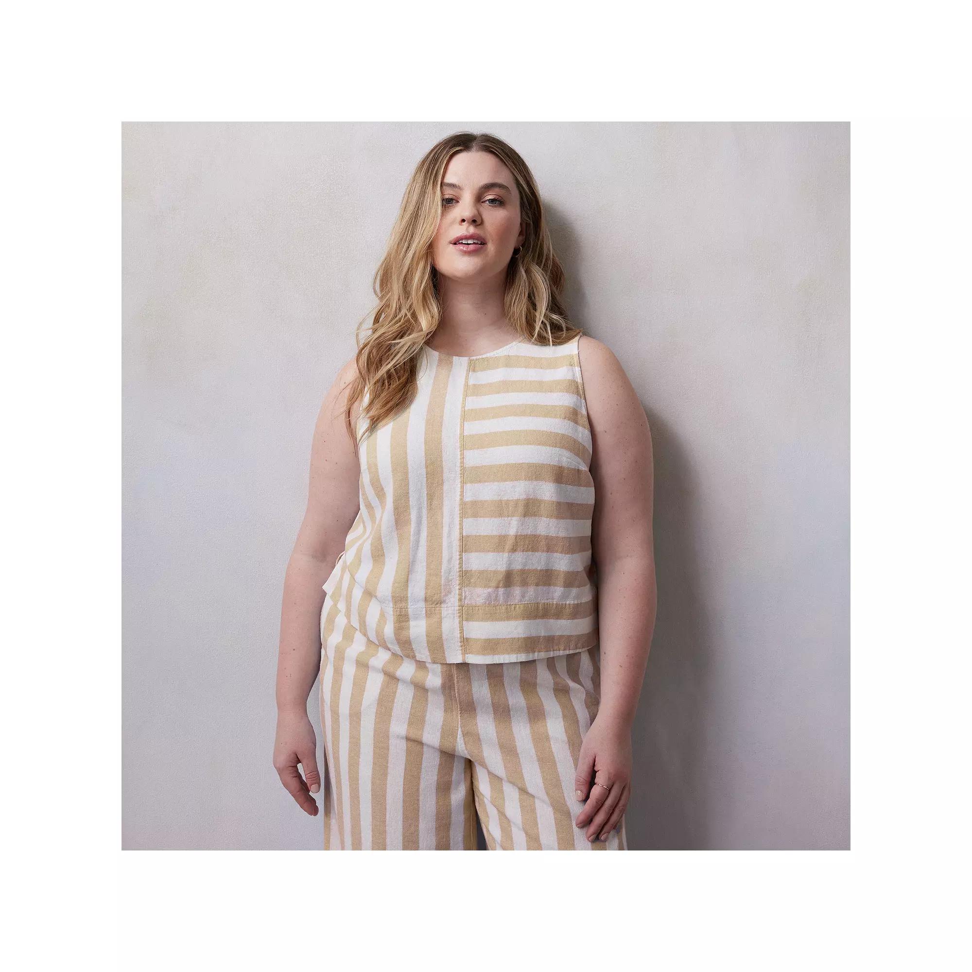 Plus Size LC Lauren Conrad Striped Linen Blend Tank Top, Women's, Size: 2XL, Brown Spa Stripe Product Image
