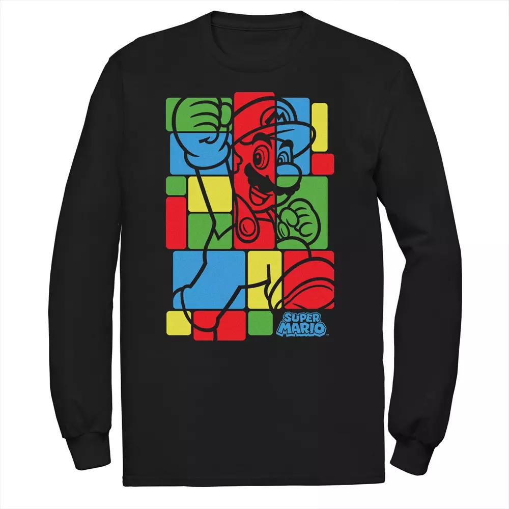 Men's Super Mario Bros Colored Squares Design Long Sleeve Tee, Size: 3XL, Black Product Image