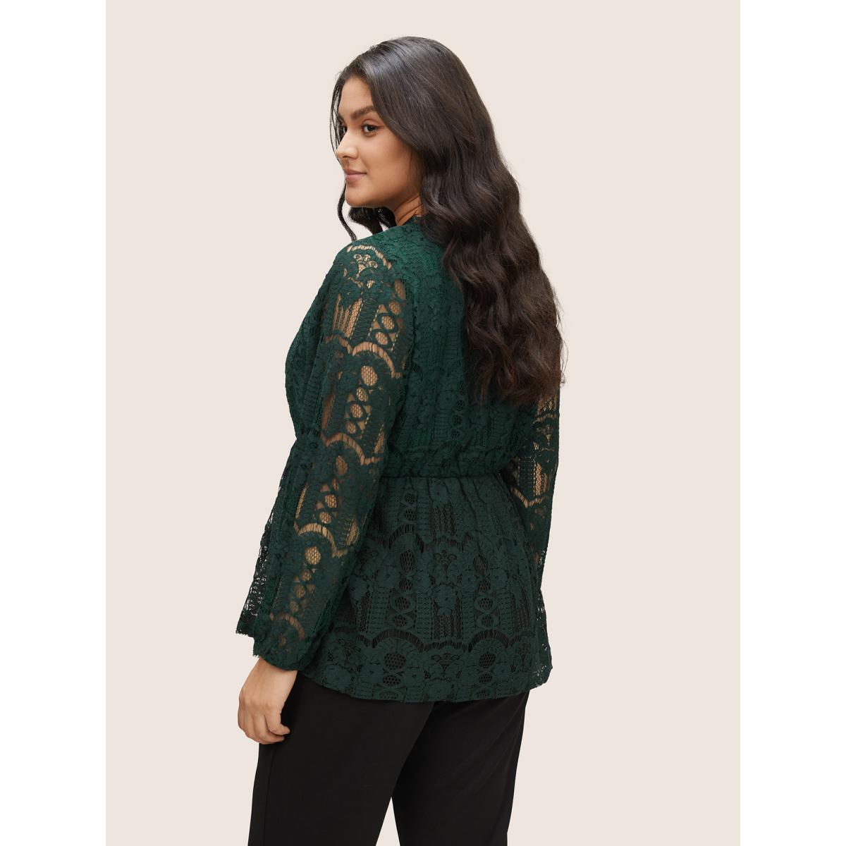 Plus Size DarkGreen Solid Lace Patchwork Elastic Waist Blouse Women Elegant Long Sleeve V-neck Party Blouses BloomChic 18-20/2X Product Image