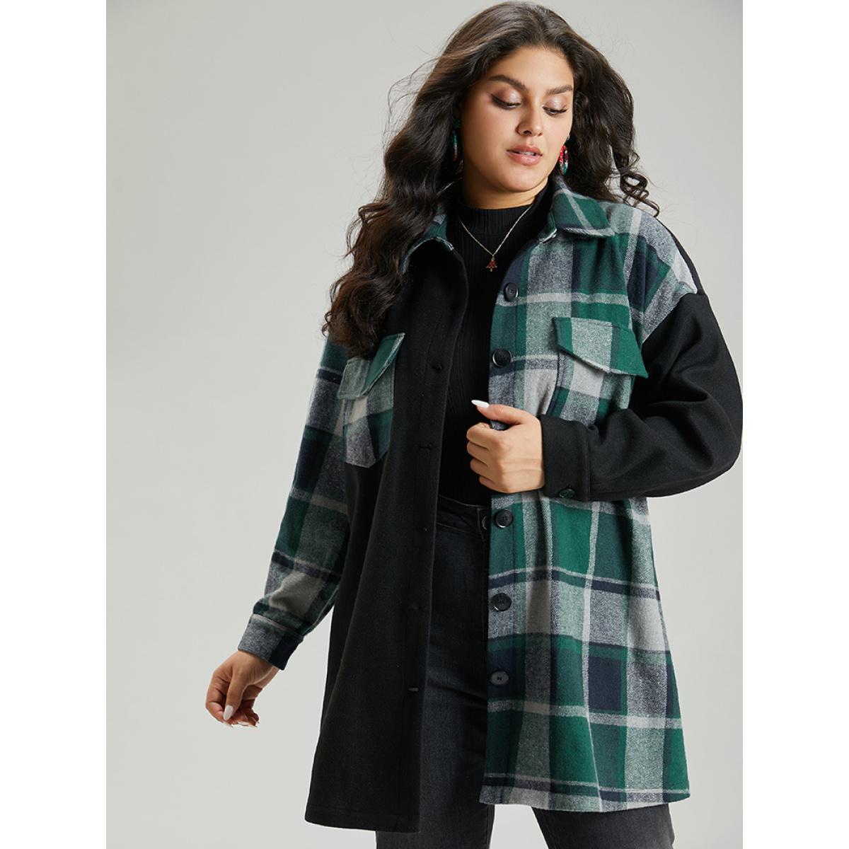 Plus Size Plaid Contrast Patchwork Pocket Button Up Shacket Women Green Contrast Pocket Dailywear Jackets BloomChic 10/M Product Image