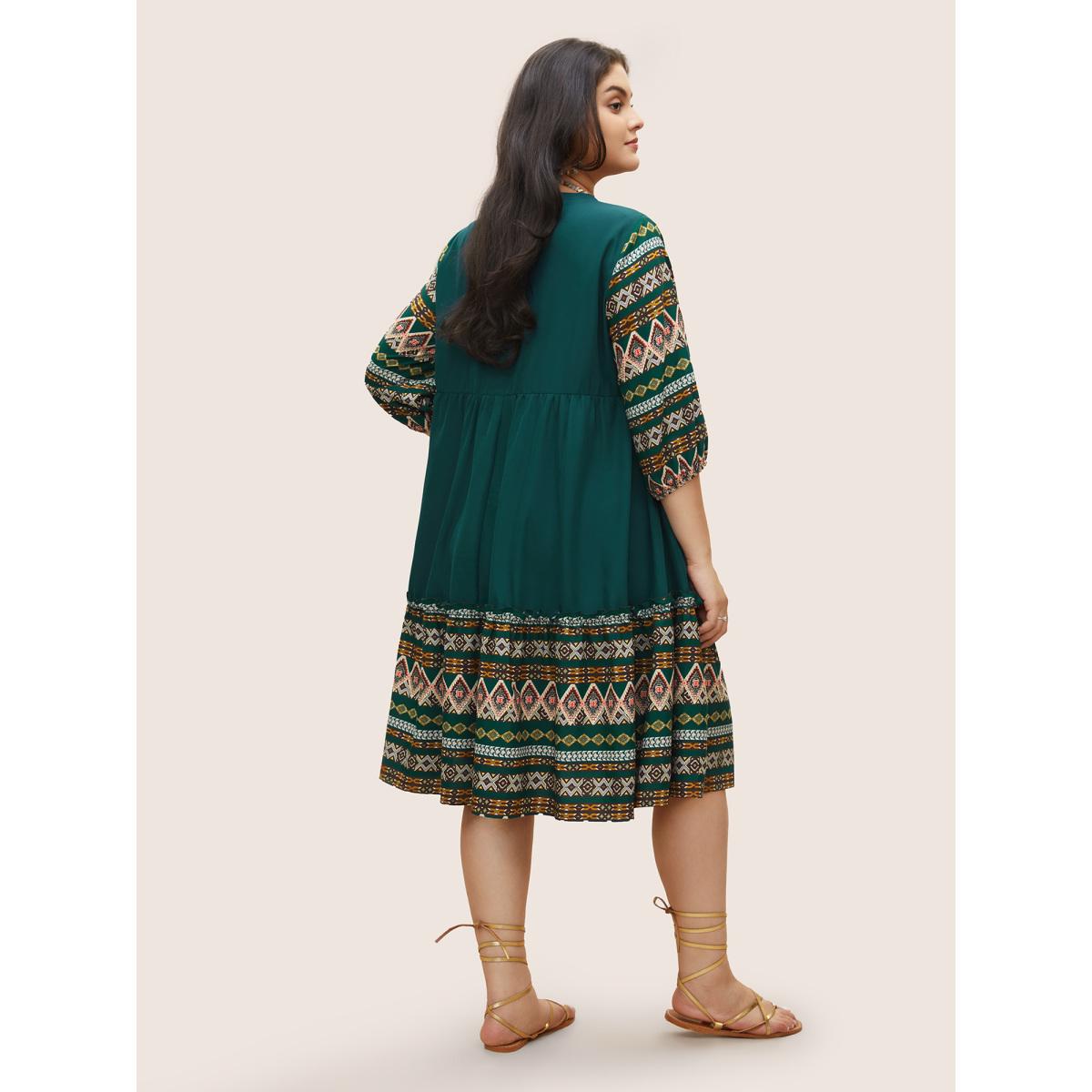 Plus Size Bandana Patchwork Knot Neck Tassel Trim Dress Green Women Resort Non V-neck Elbow-length sleeve Curvy Midi Dress BloomChic 22-24/3X Product Image