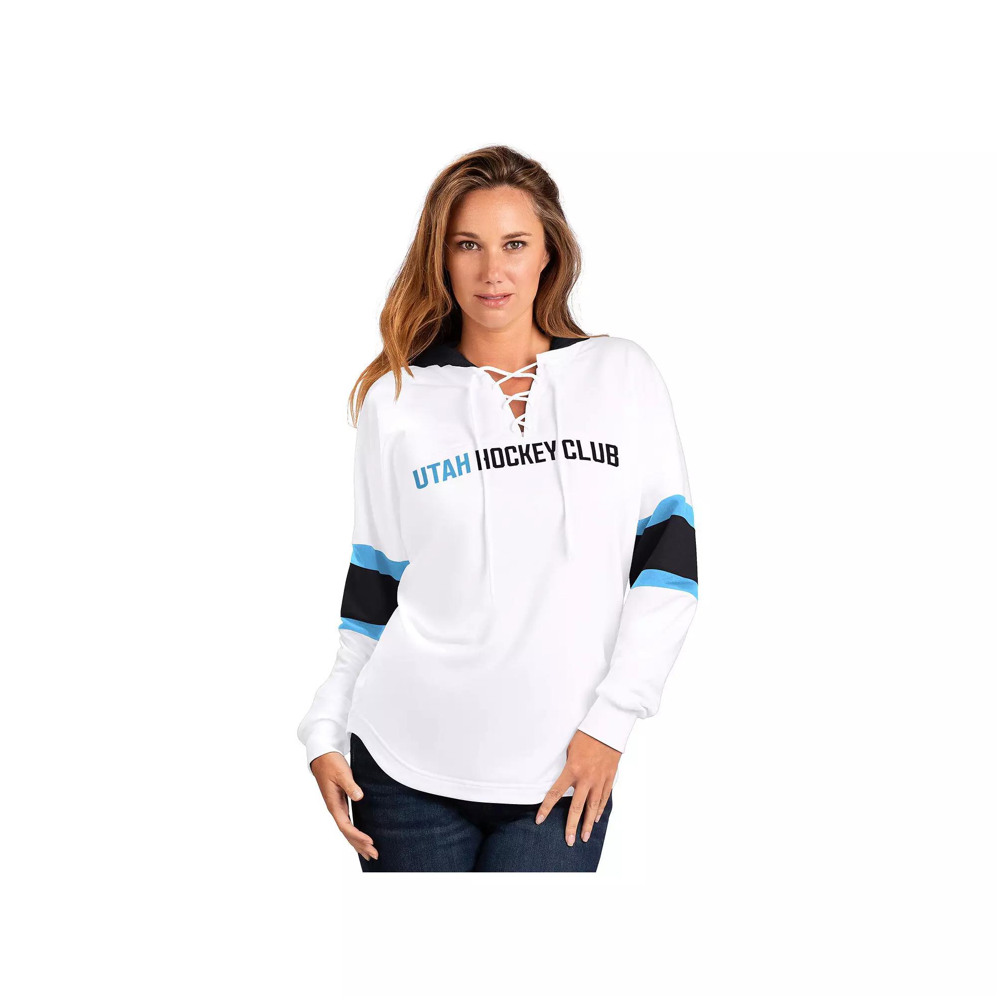 Women's G-III 4Her by Carl Banks White Utah Hockey Club Goal Zone Long Sleeve Lace-Up Hoodie T-Shirt,  Product Image