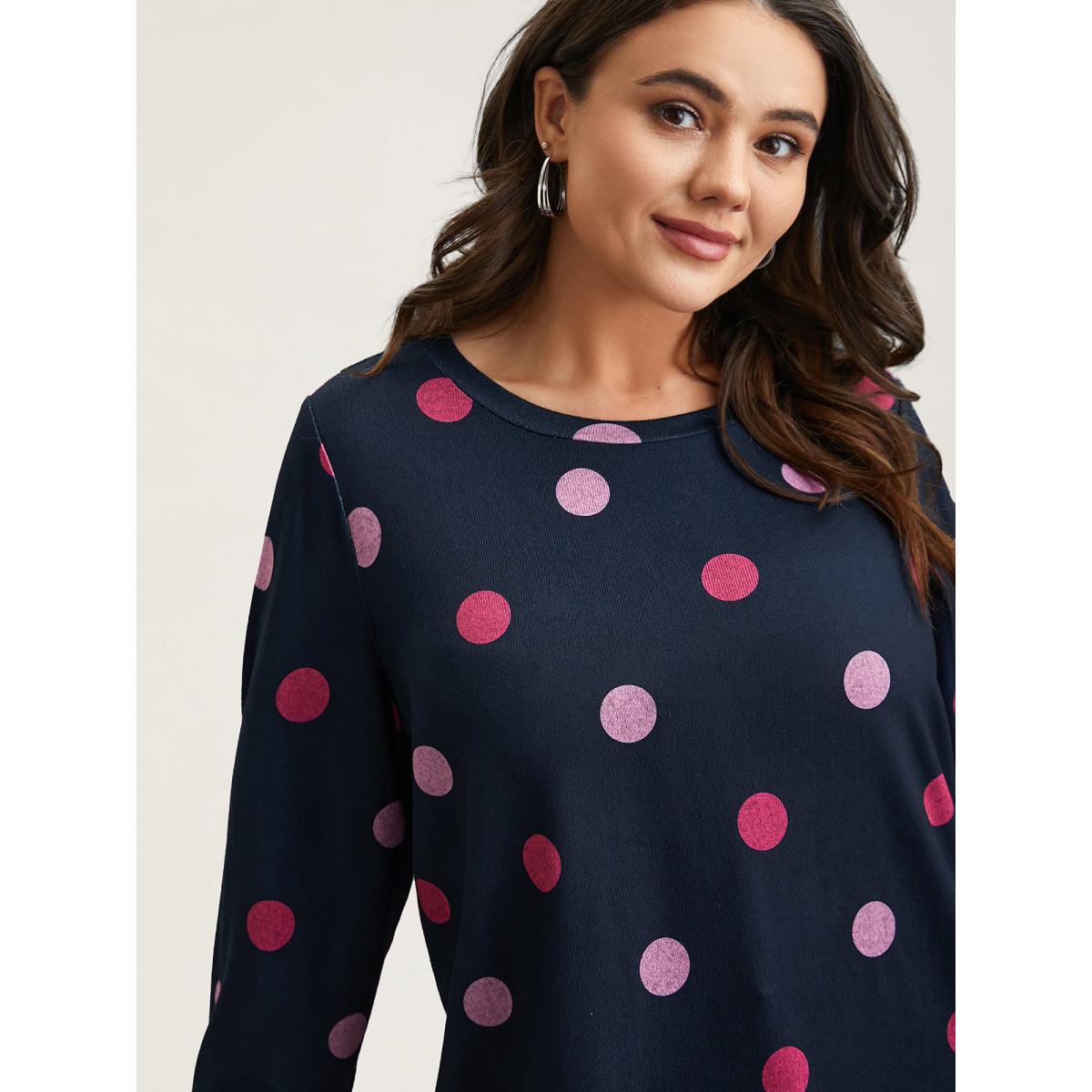 Plus Size Polka Dots Round Neck Fitted Sweatshirt Women Midnight Casual Contrast Round Neck Everyday Sweatshirts BloomChic 30/6X Product Image