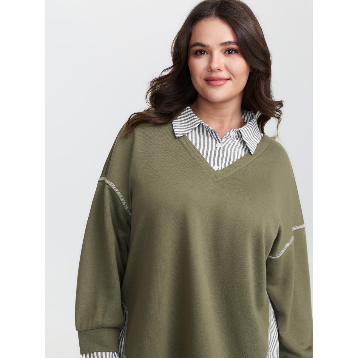 Plus Size 2-In-1 Stripe Drop Shoulder Sweatshirt Women Sage Leisure Contrast Shirt collar Casual Sweatshirts BloomChic 12/L Product Image