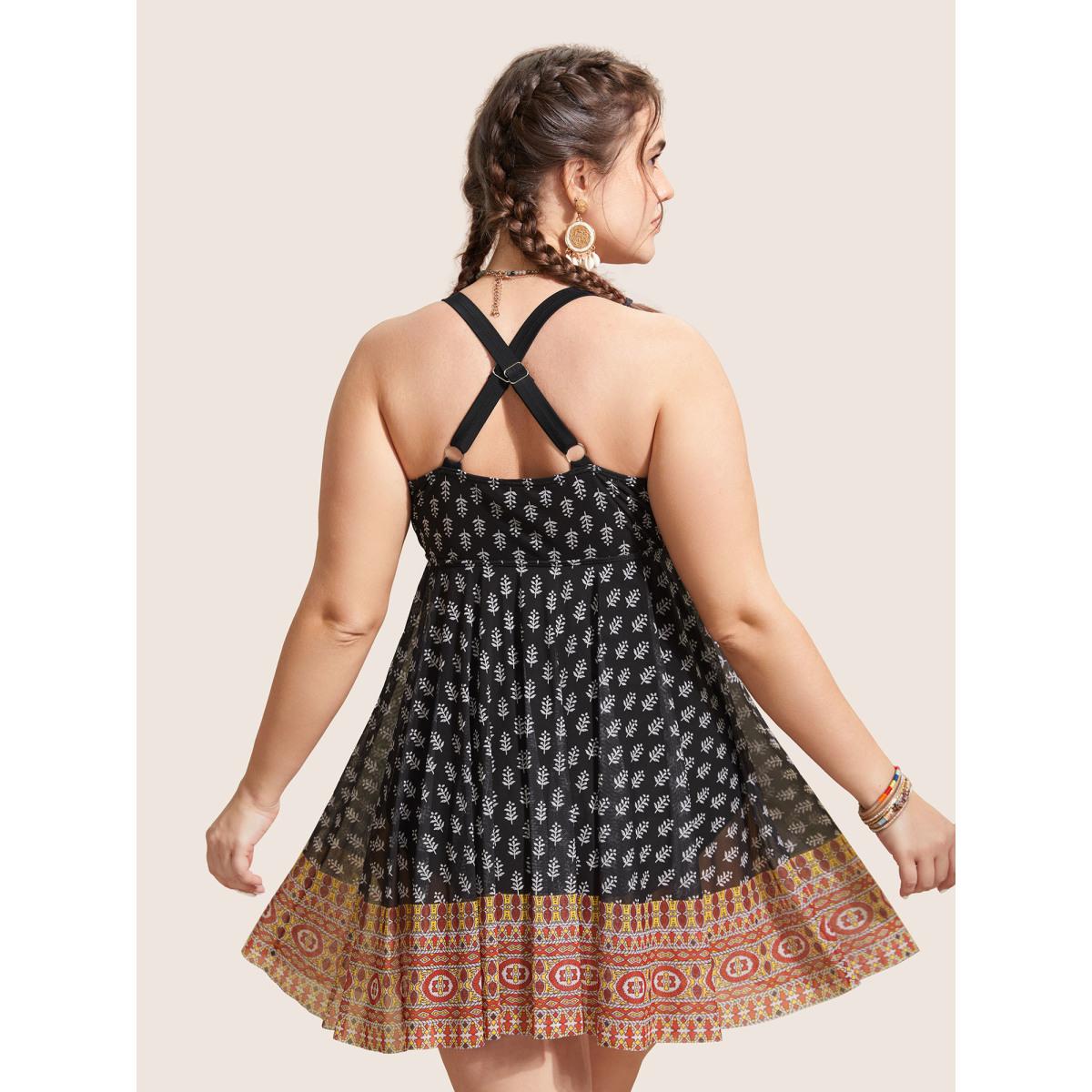 Plus Size Overlap Collar Boho Print Patchwork Swim Dress Women's Swimwear Black Beach Bodycon Overlap Collar High stretch Curve Swim Dresses BloomChic 18-20/2X Product Image