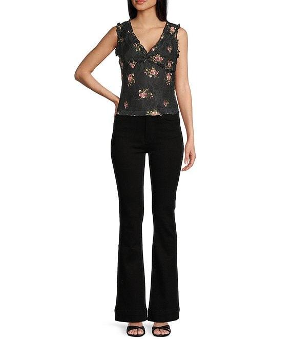 Honey & Sparkle Floral Print V-Neck Sleeveless Ruffle Edge Lined Lace Top Product Image