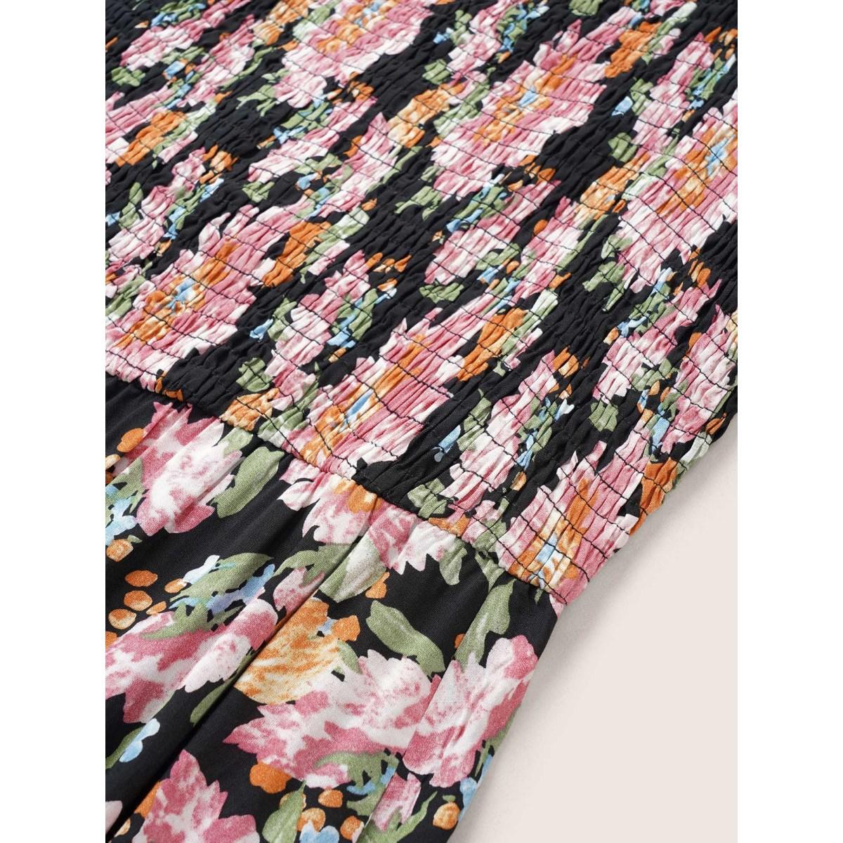 Plus Size Floral Shirred Ruffles Patchwork Pleated Dress Black Women Elegant Non Square Neck Short sleeve Curvy Midi Dress BloomChic 18-20/2X Product Image