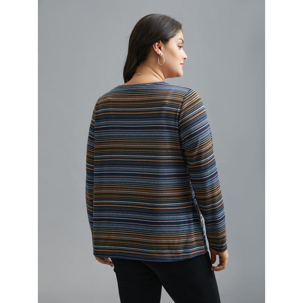 Plus Size V Neck Multi-Color Stripes Slim-Fit T-Shirt Indigo Women Casual Button Asymmetrical Neck Everyday T-shirts BloomChic 14-16/1X Product Image