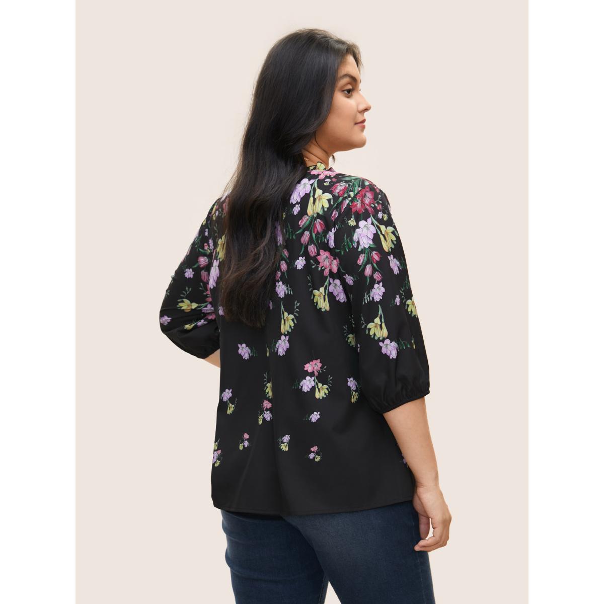 Plus Size Black Boho Print Tie Neck Frill Trim Blouse Women Elegant Elbow-length sleeve Notched collar Everyday Blouses BloomChic 14-16/1X Product Image