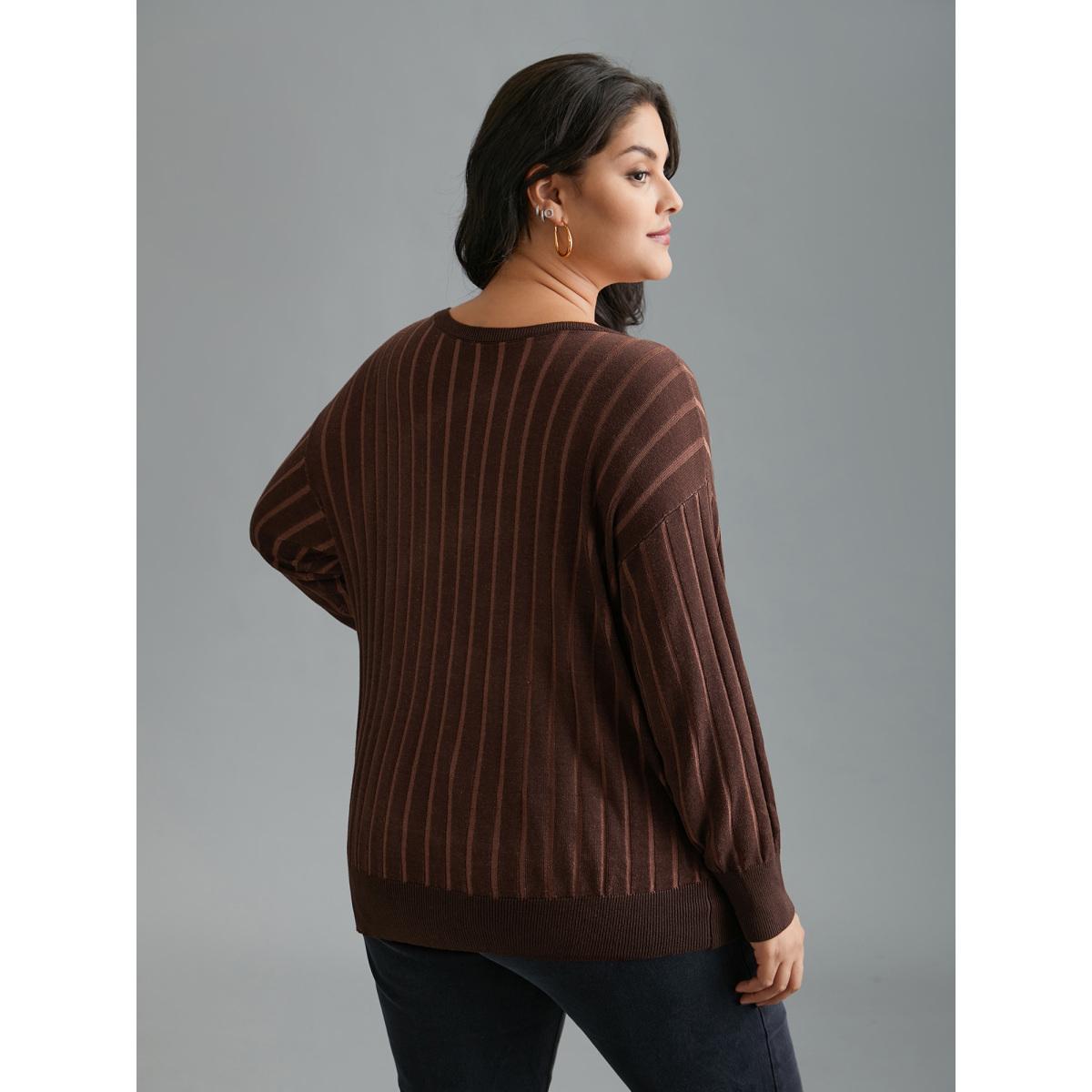 Plus Size Textured Ribbed Hem Round Neck Pullover Browncoffeecolor Women Casual Loose Long Sleeve Round Neck Everyday Pullovers BloomChic 10/M Product Image