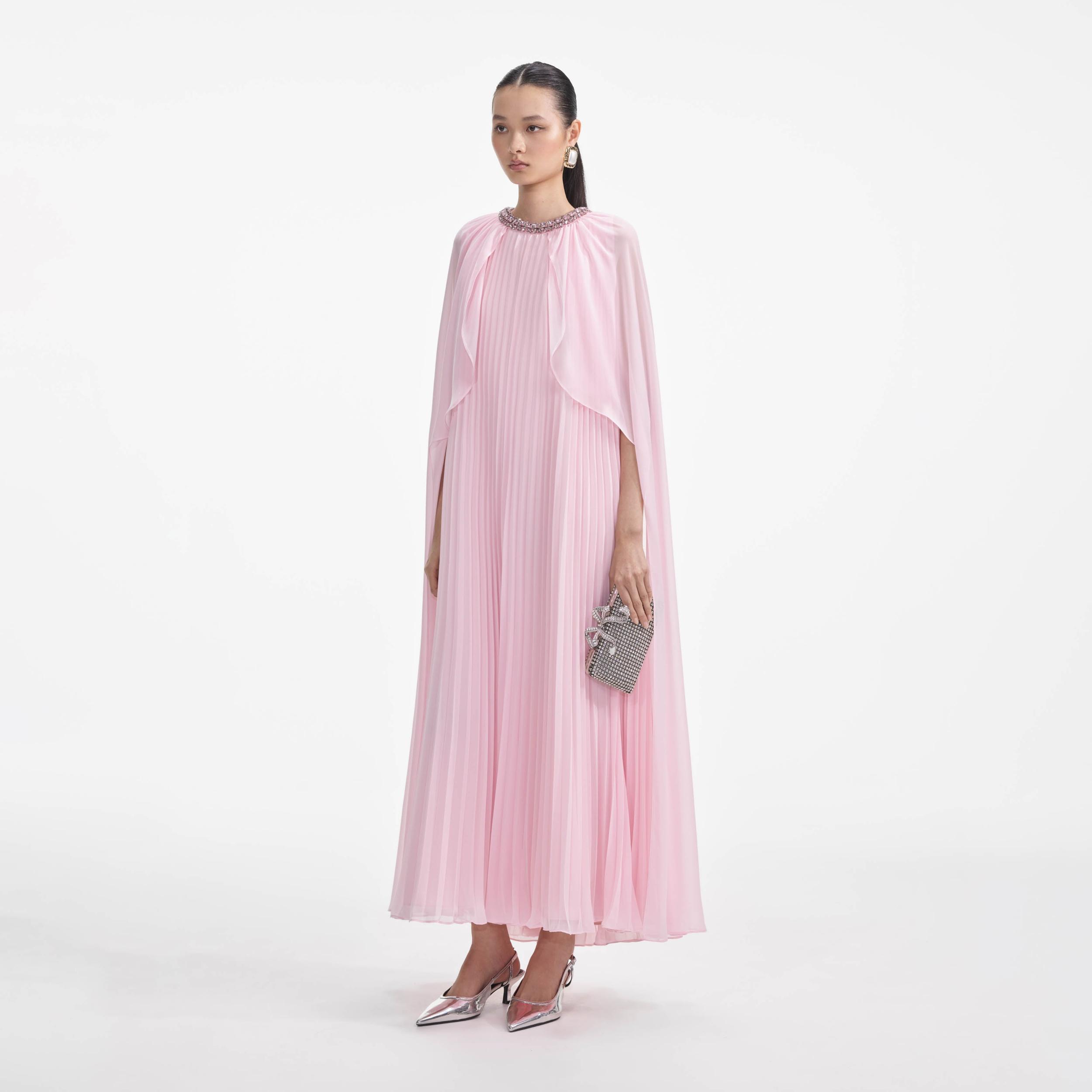 Pink Chiffon Cape Midi Dress Product Image