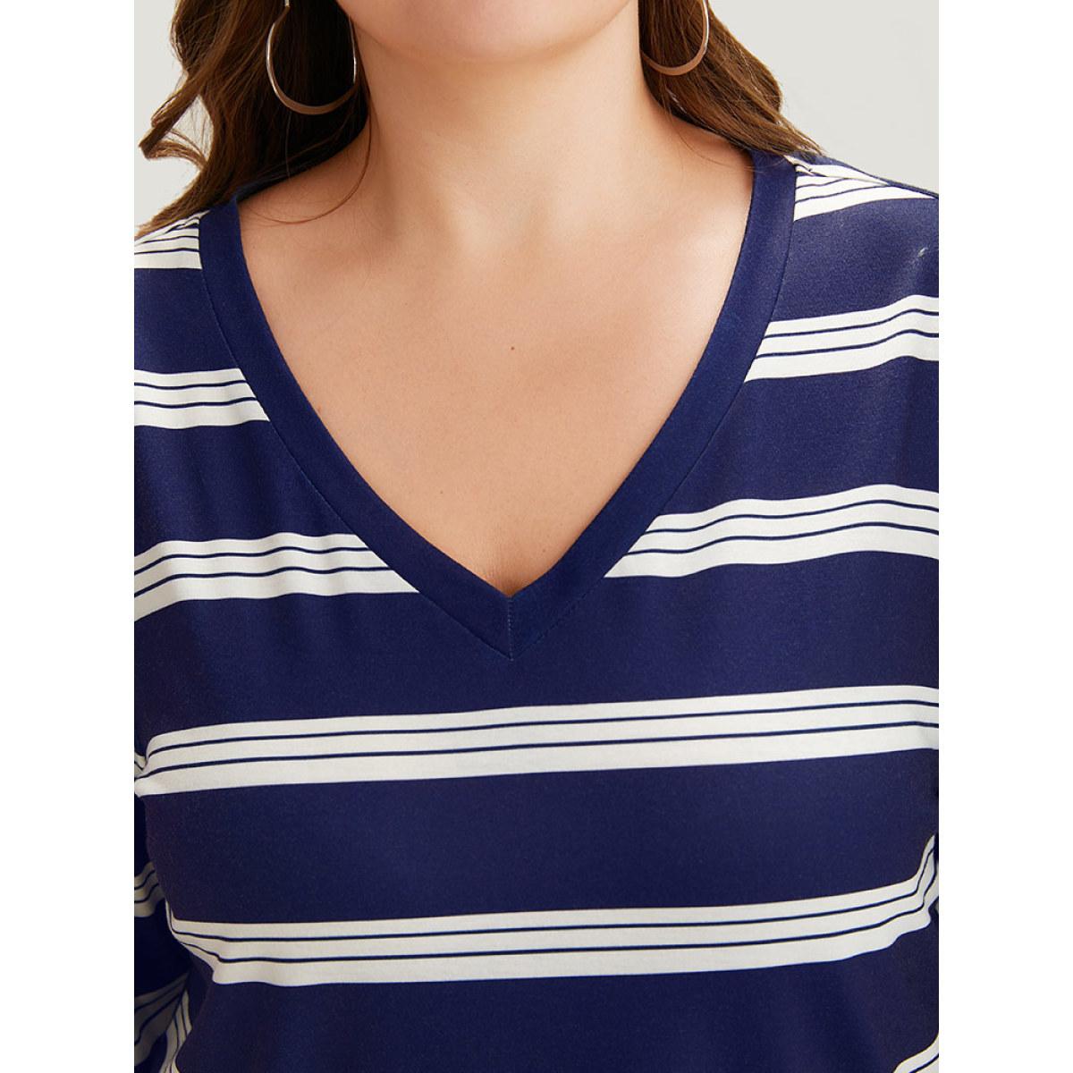 Plus Size Striped Print V Neck T-shirt DarkBlue Women Casual Printed Striped V-neck Dailywear T-shirts BloomChic 12/L Product Image