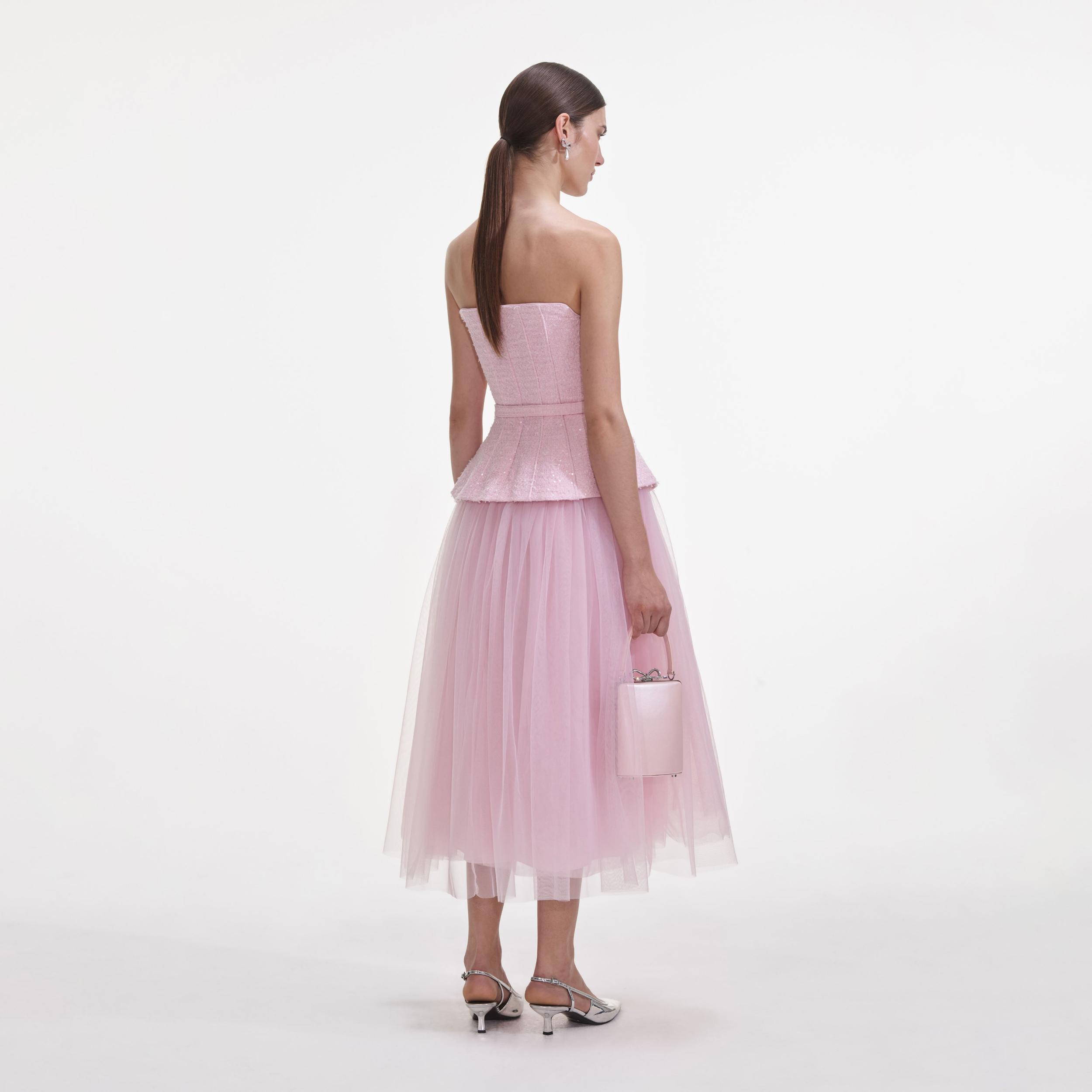Pink Boucle Tulle Midi Dress Product Image
