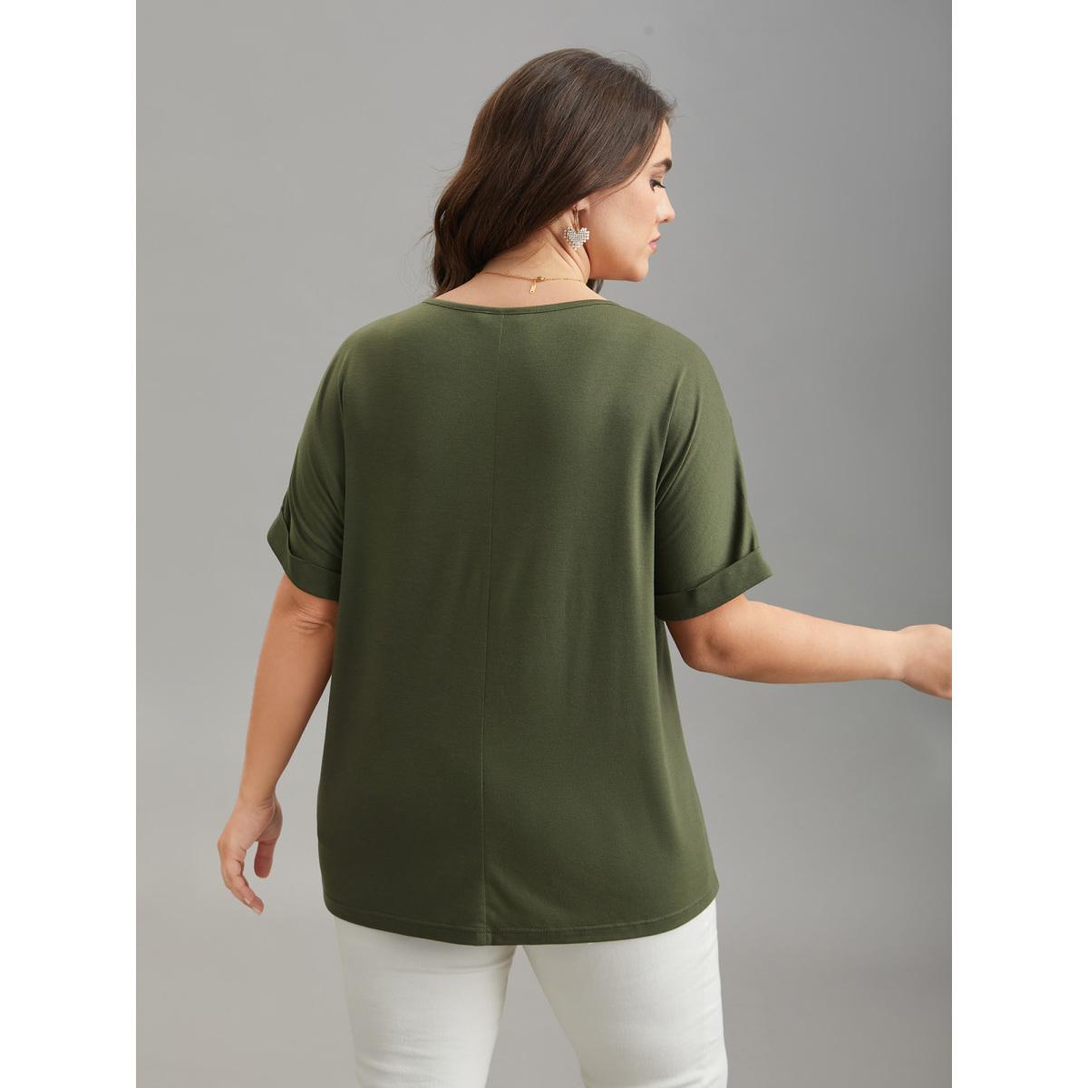 Plus Size Stretchy Embroidered Drop Shoulder T-Shirt ArmyGreen Women Timeless Roll Hem V-neck Elegant T-shirts BloomChic 22-24/3X Product Image