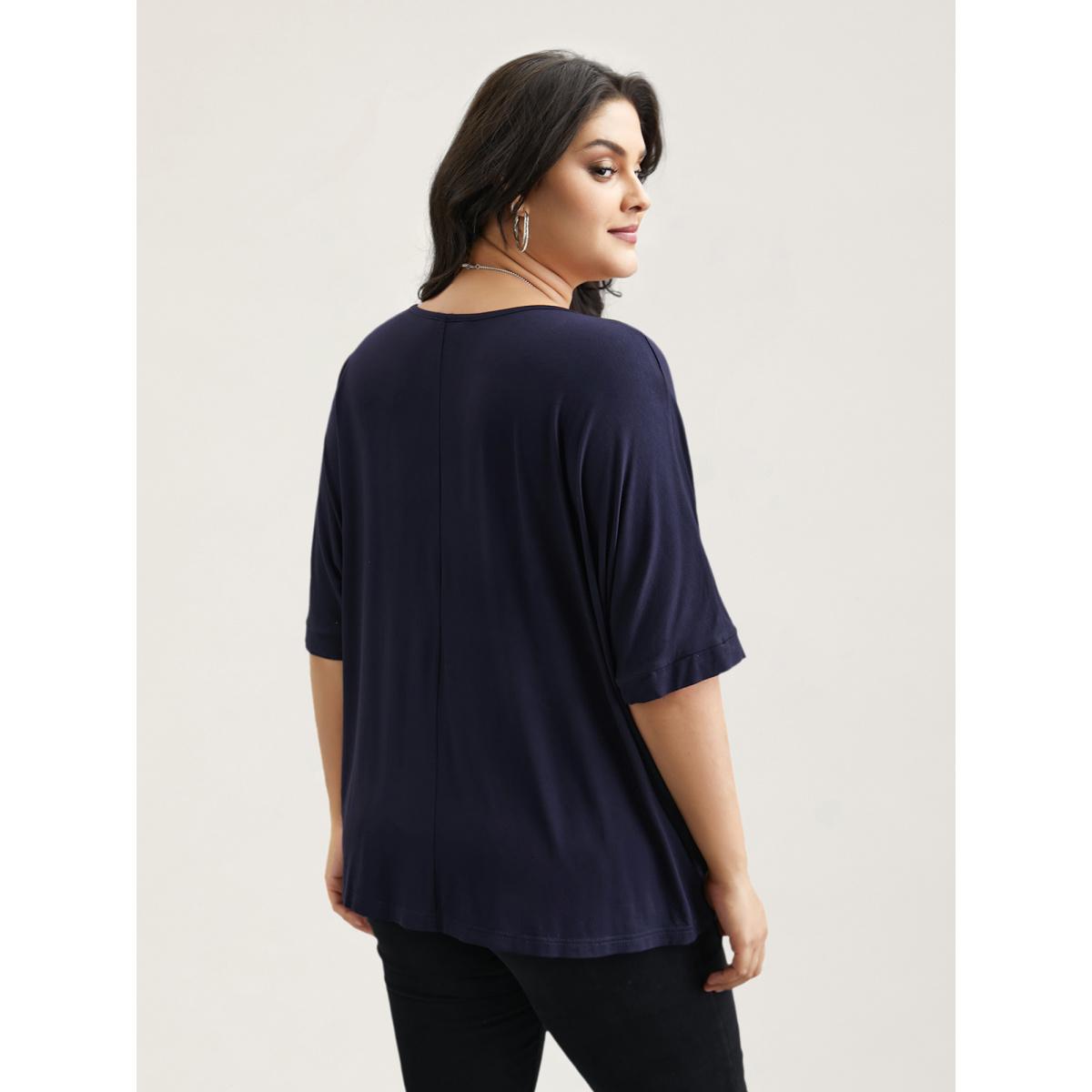 Plus Size Supersoft Round Neck Plain T-Shirt Midnight Women Leisure Non Round Neck Casual T-shirts BloomChic 28/5X Product Image