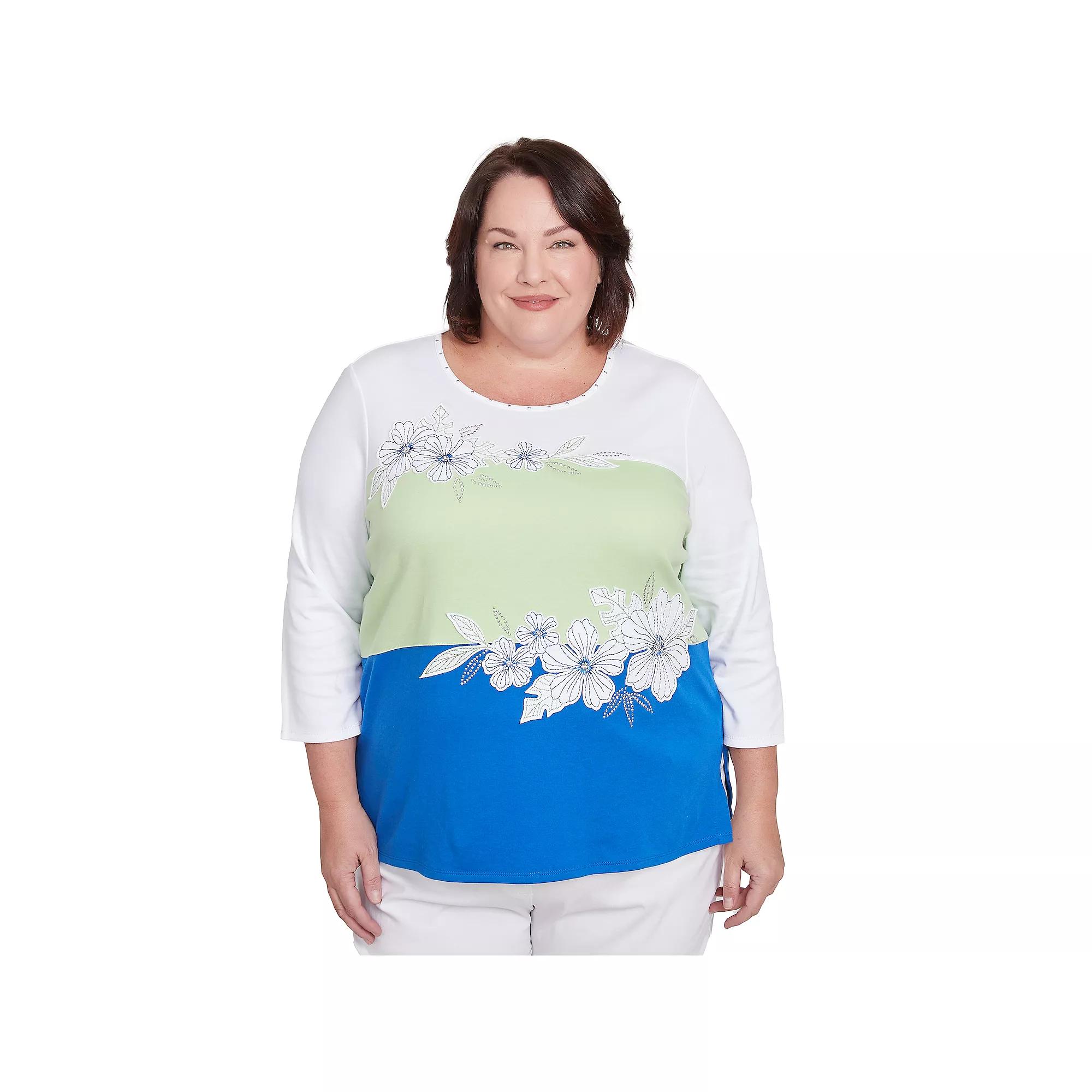 Plus Size Alfred Dunner Tropical Colorblock Floral Top, Women's, Size: 2XL, Blue Team Product Image