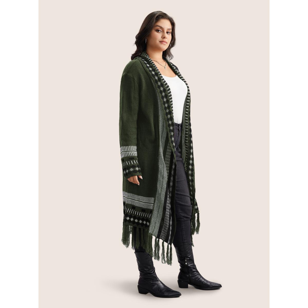 Plus Size Bandana Print Fringe Trim Maxi Cardigan ArmyGreen Women Casual Long Sleeve Everyday Cardigans BloomChic 10/M Product Image