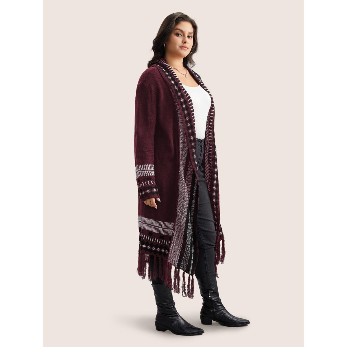 Plus Size Bandana Print Fringe Trim Maxi Cardigan Burgundy Women Casual Long Sleeve Everyday Cardigans BloomChic 10/M Product Image