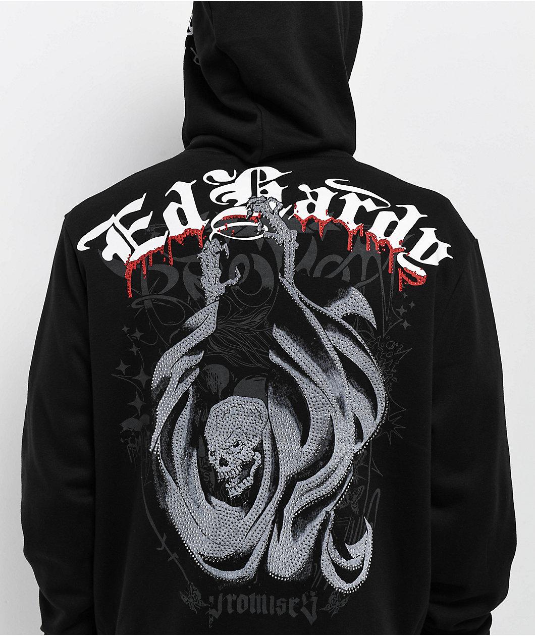 Ed Hardy x Broken Promises Deaths Shadow Rhinestone Black Zip Hoodie Product Image