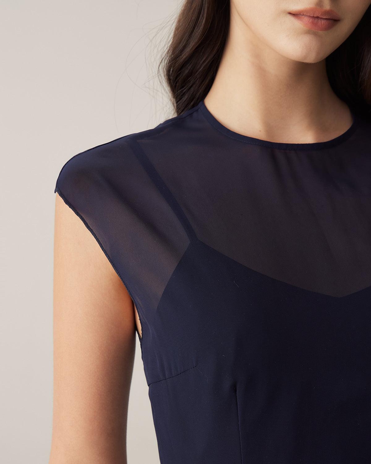 Navy See-through Cap Sleeve Midi Dress Product Image