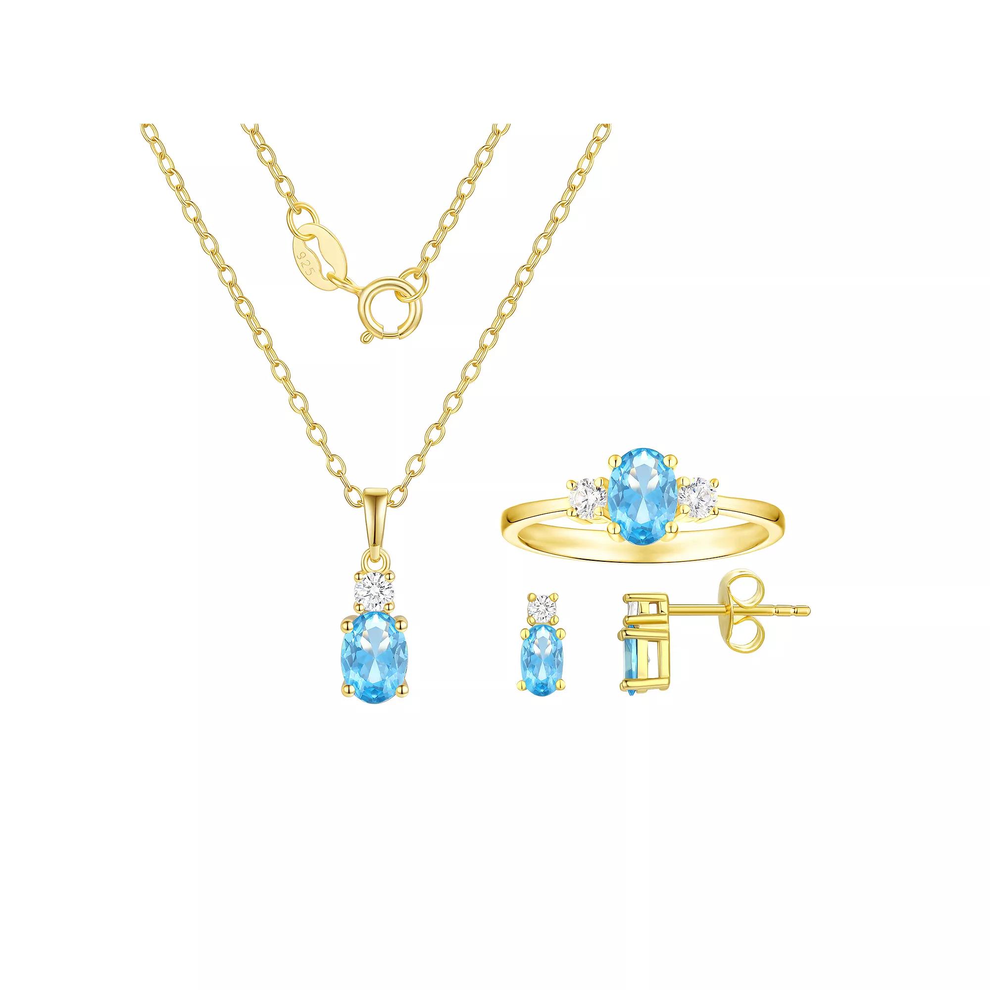 Argento Forte 14k Gold Over Silver Simulated Birthstone & Cubic Zirconia Pendant, Ring, & Earring Trio Set, Women's, March Product Image