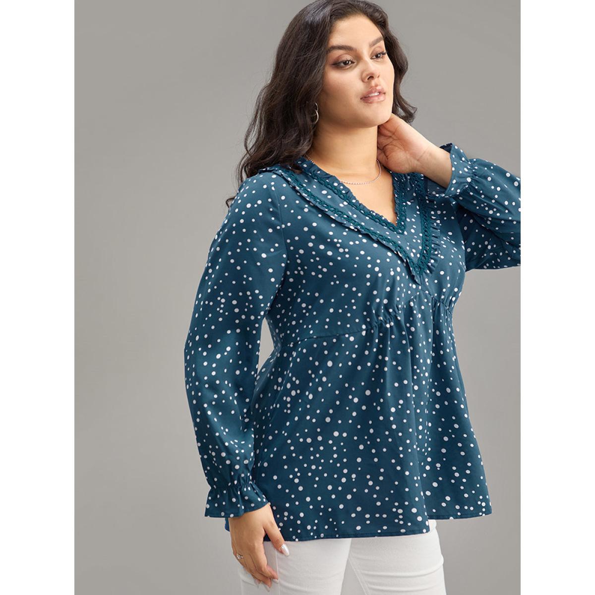 Plus Size Aegean Guipure Lace Polka Dot Blouse Women Elegant Long Sleeve V-neck Dailywear Blouses BloomChic 18-20/2X Product Image
