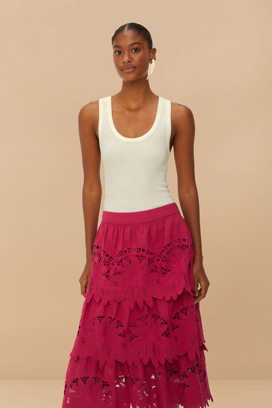 Pink Daisy Embroidered Midi Skirt Product Image