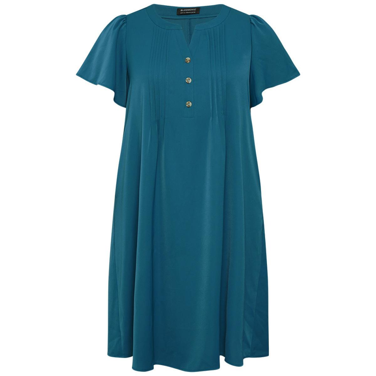 Plus Size Solid Pleated Front Button Detail Notched Ruffle Sleeve Dress Aegean Women Elegant Pleated Notched collar Short sleeve Curvy Knee Dress BloomChic 22-24/3X Product Image