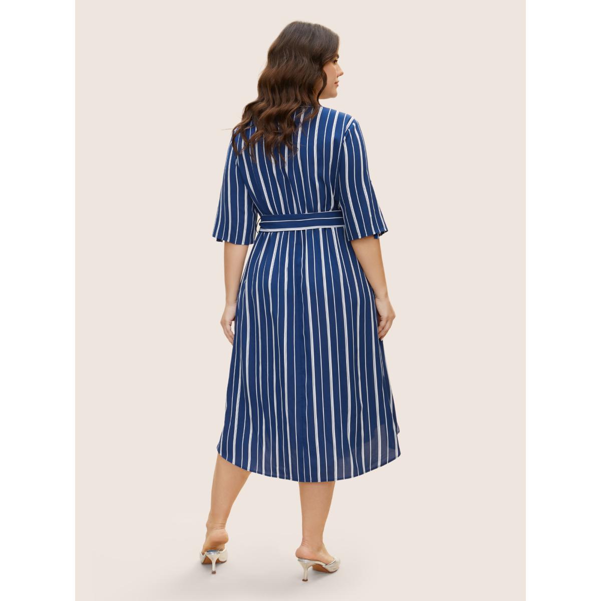 Plus Size Notched Striped Button Cuff Sleeve Dress Mediumblue Women Workwear Essentials Belted Flat collar with V-notch Half Sleeve Curvy BloomChic 12/L Product Image