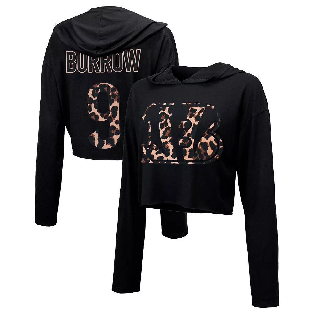 Women's Majestic Threads Joe Burrow Black Cincinnati Bengals Leopard Player Name & Number Long Sleeve Cropped Hoodie,  Product Image