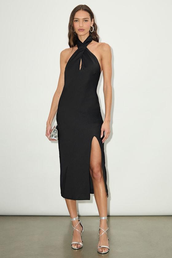 Beyond Classy Black Satin Halter Midi Dress Product Image