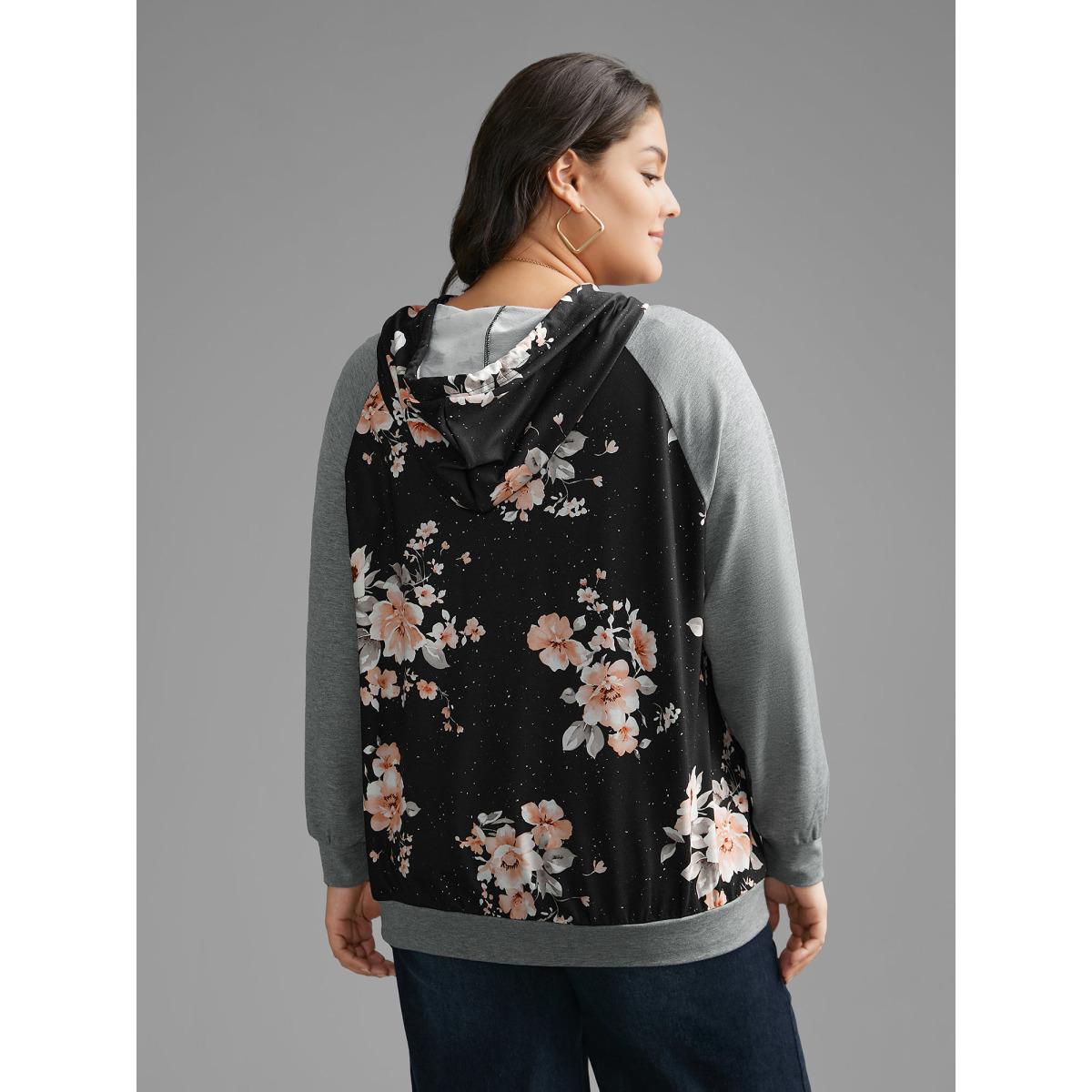Plus Size Floral Patchwork Hooded Drawstring Sweatshirt Women DarkGray Casual Contrast Hooded Everyday Sweatshirts BloomChic 10/M Product Image
