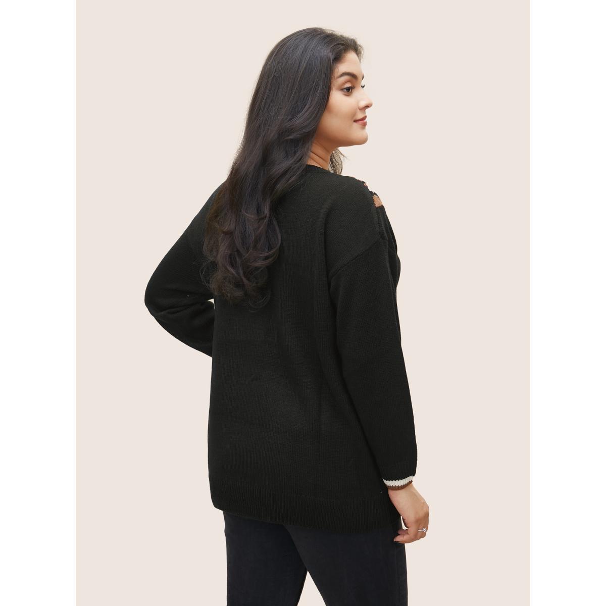 Plus Size V Contrast Striped Patchwork Knit Pullover Black Women Casual Loose Long Sleeve V-neck Dailywear Pullovers BloomChic 14-16/1X Product Image