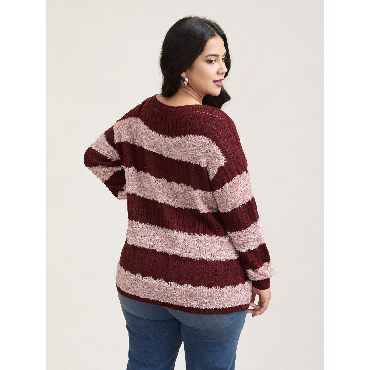 Plus Size Striped Color-Block Textured Pullover Deepred Women Casual Loose Long Sleeve Round Neck Everyday Pullovers BloomChic 26/4X Product Image