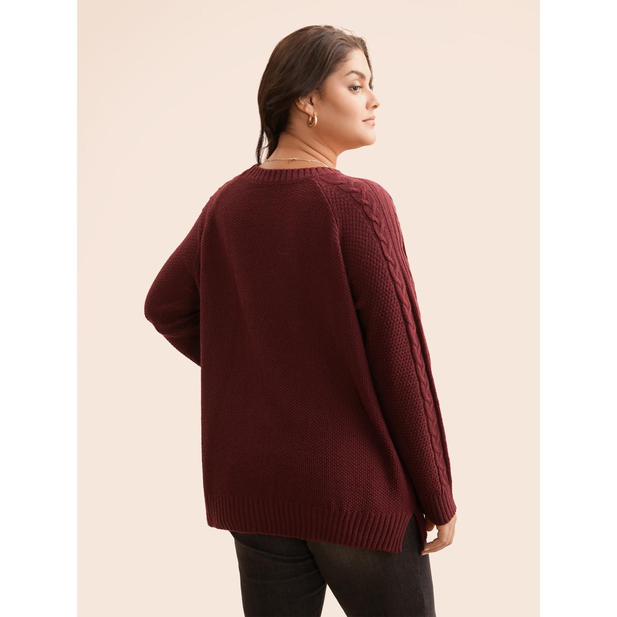 Plus Size Texture Cable Knit Raglan Sleeve Pullover Scarlet Women Casual Loose Long Sleeve Round Neck Everyday Pullovers BloomChic 12/L Product Image