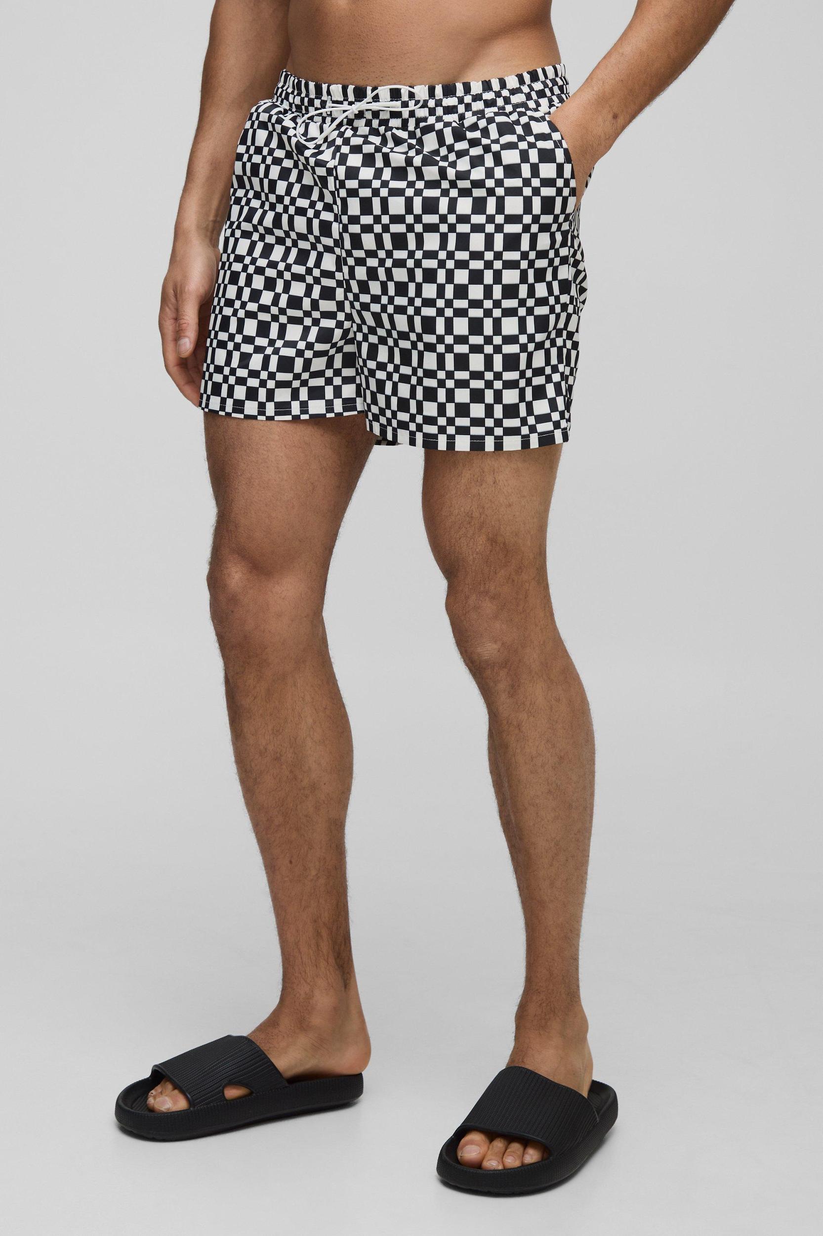 Abstract Plaid Print Short Length Swim Trunks | boohooMAN USA Product Image
